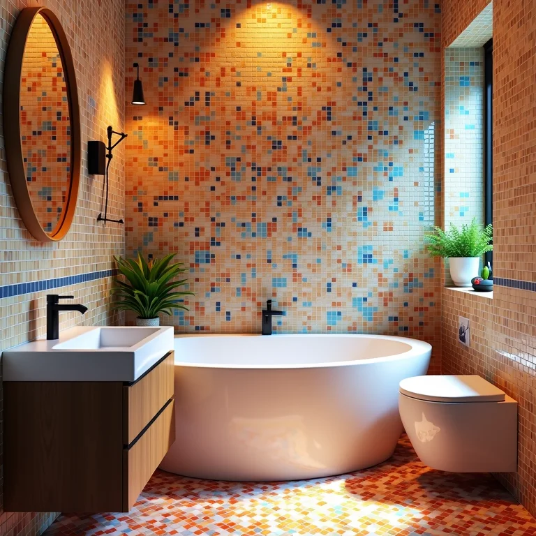 Banheiro pequeno cheio de vida com pastilhas coloridas