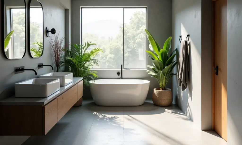 Banheiro pequeno cinza claro e bem iluminado com toques de design brasileiro.