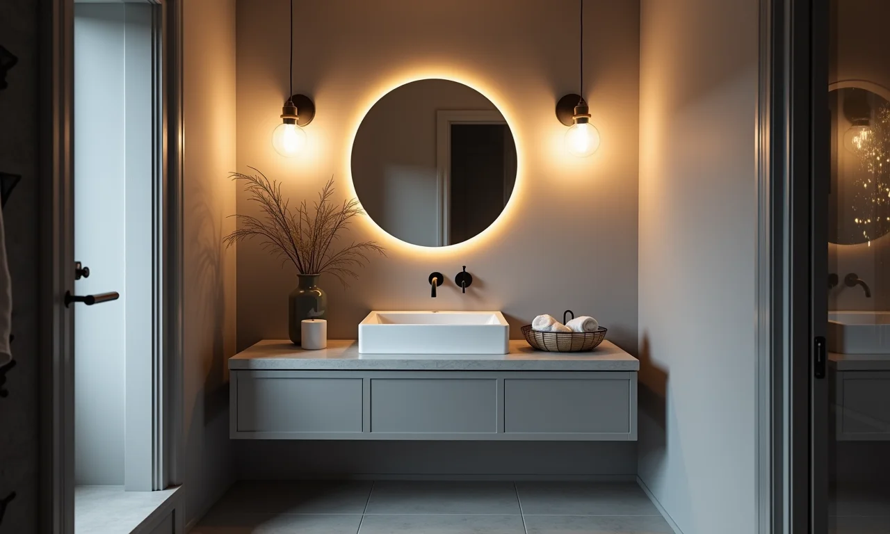 Banheiro pequeno cinza com iluminação LED estratégica para garantir a qualidade da luz.