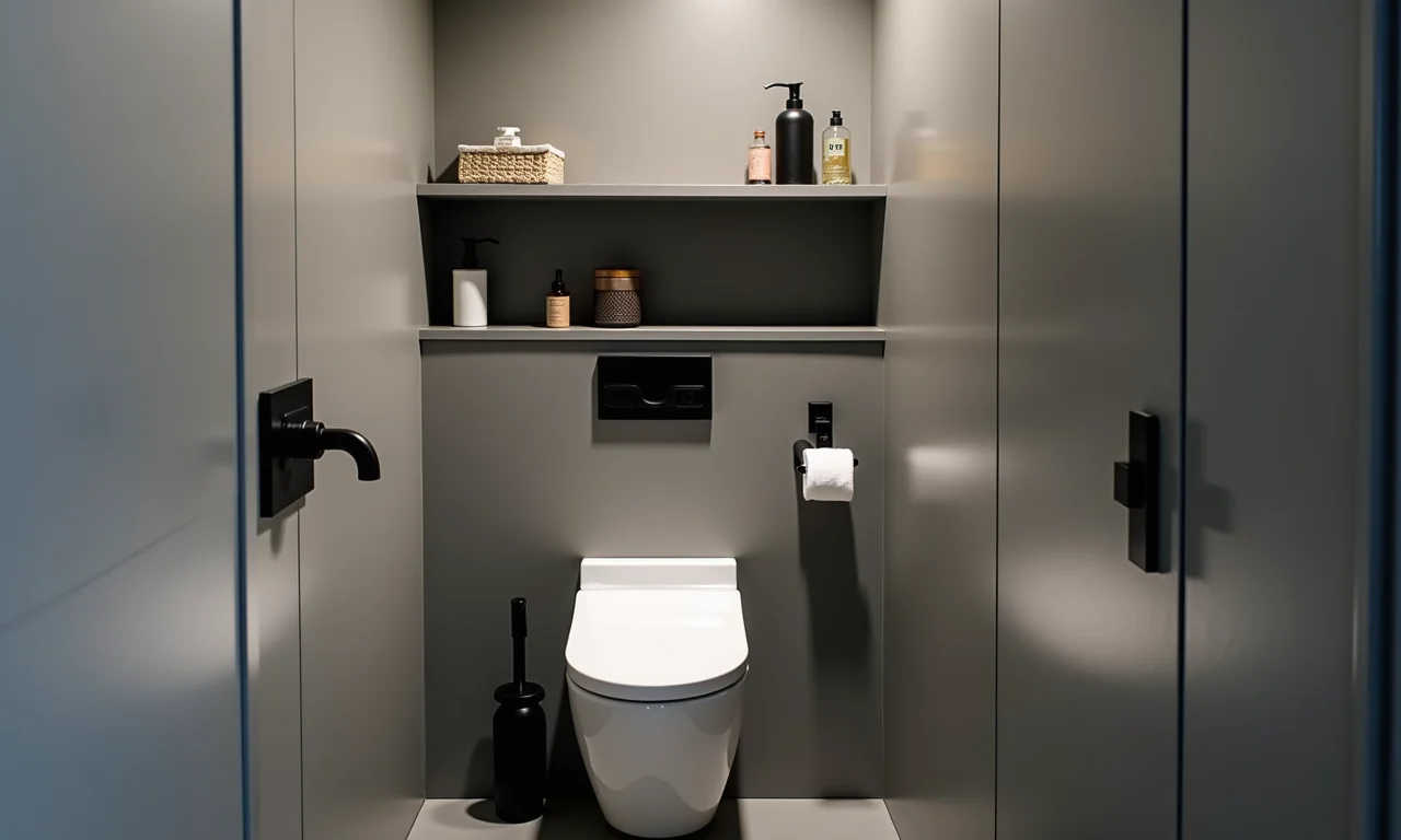 Banheiro pequeno cinza com metais em aço inoxidável e detalhes em preto fosco.