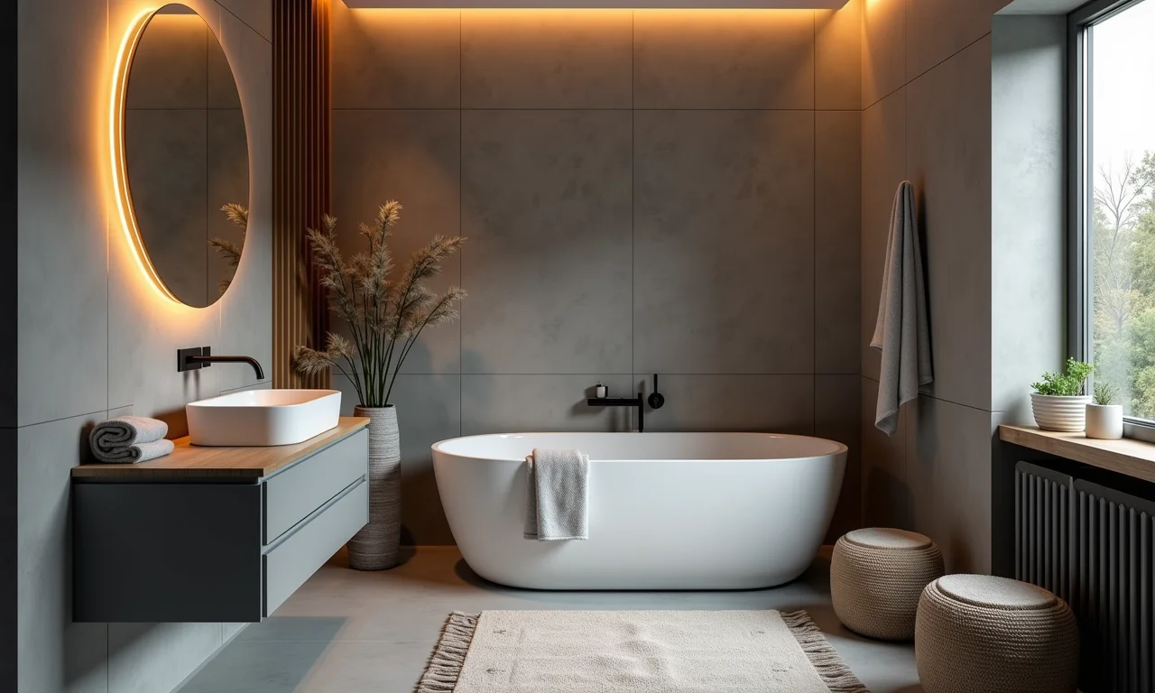 Banheiro pequeno cinza com temperatura de cor ideal, criando um ambiente equilibrado.