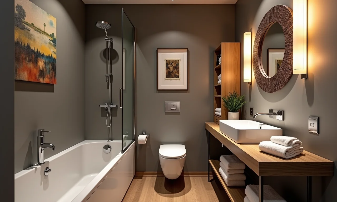 Banheiro pequeno cinza médio com detalhes em madeira, transmitindo equilíbrio e sofisticação.