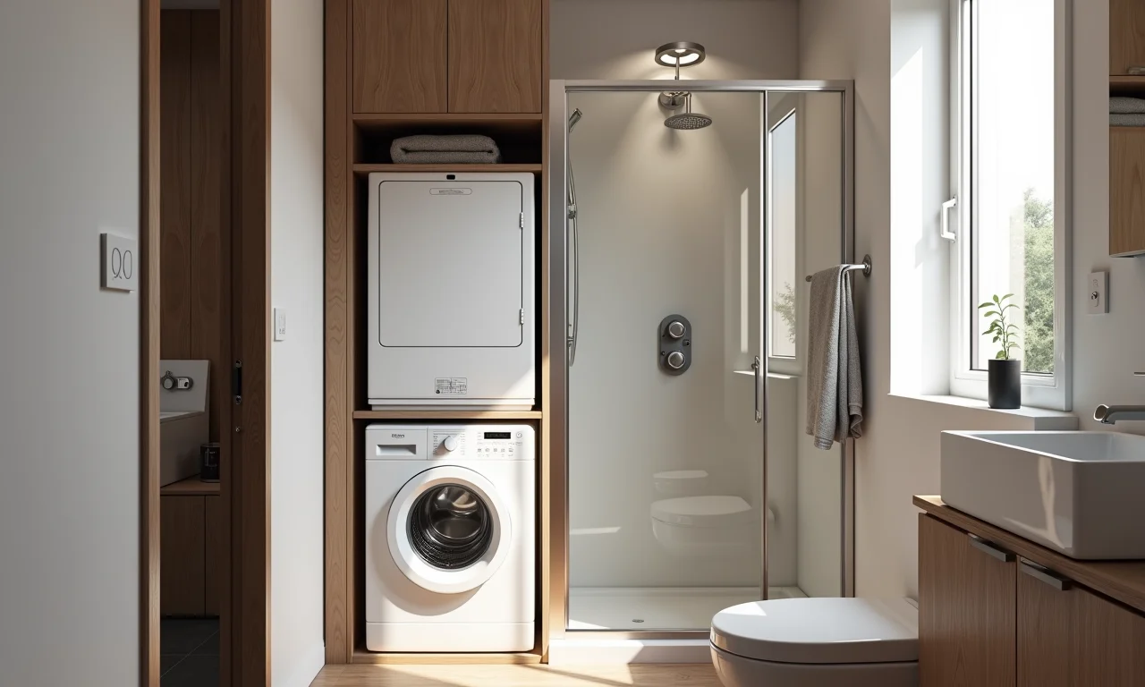 Banheiro pequeno com área de lavanderia integrada, otimizando o espaço.
