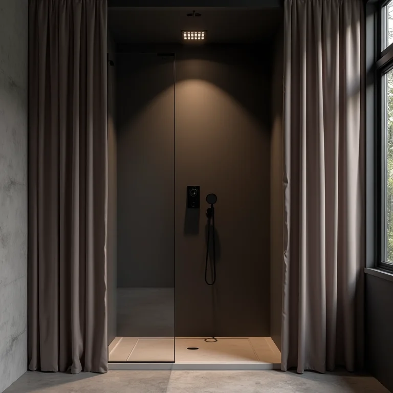 Banheiro pequeno com box escuro ou cortina de tecido