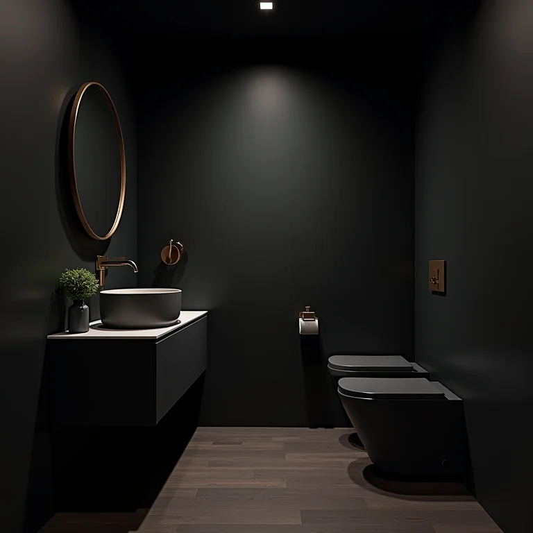 Banheiro pequeno com cores escuras