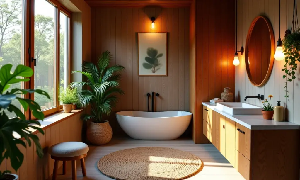 Banheiro pequeno com madeira: 7 Formas de aquecer Banheiro pequeno com detalhes em madeira e iluminação natural.