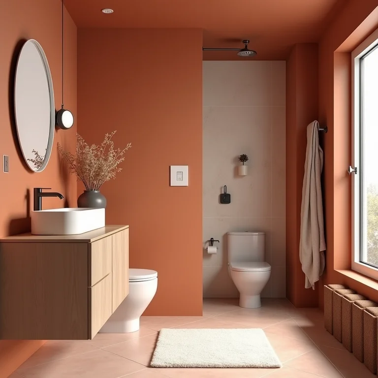Banheiro pequeno com detalhes em terracota