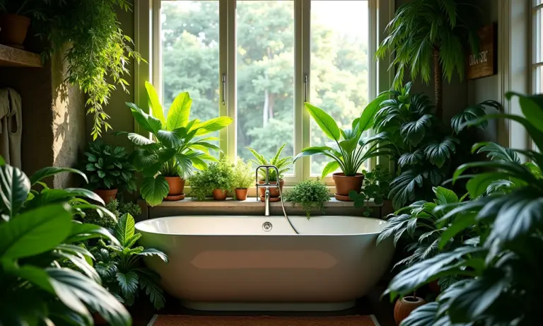 Banheiro pequeno com diversas plantas verdes exuberantes.