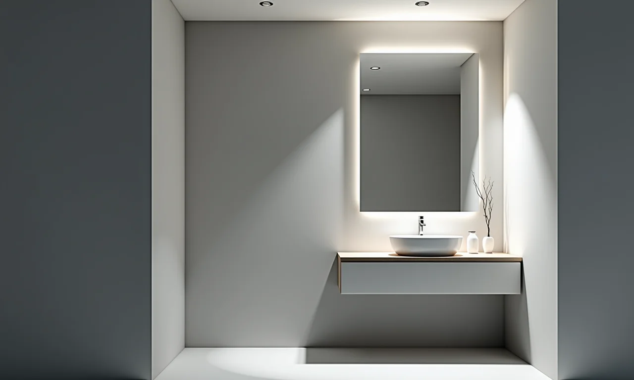 Banheiro pequeno com espelho grande, ampliando e iluminando o ambiente.