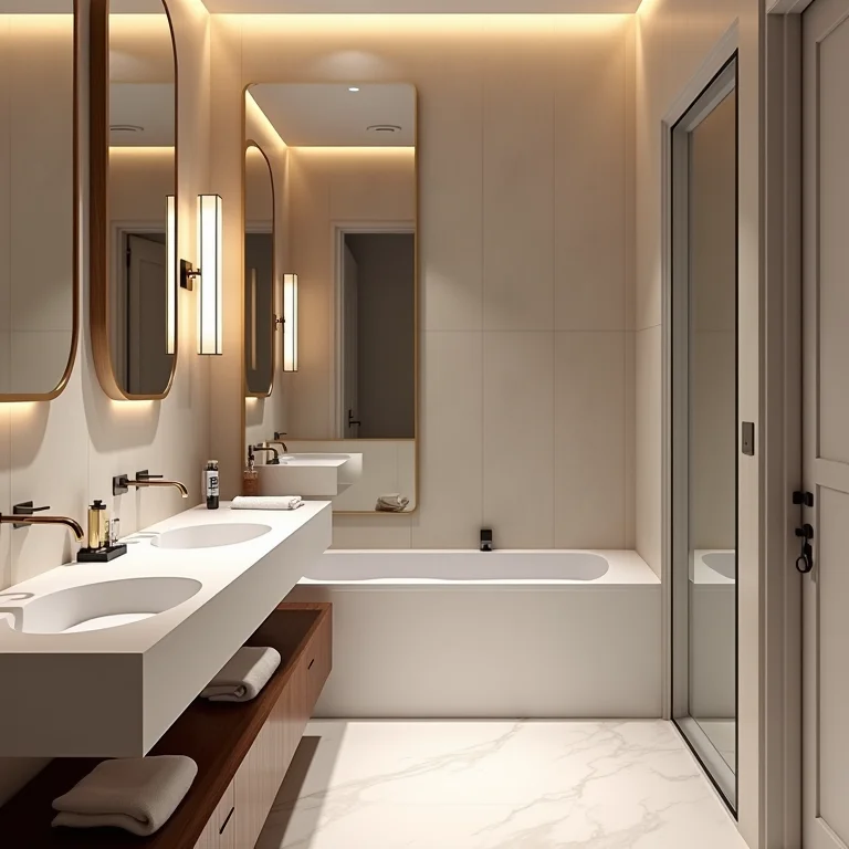 Banheiro pequeno com espelhos pequenos