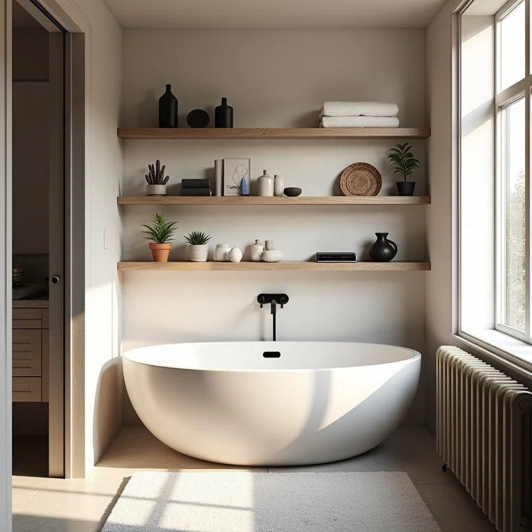 Banheiro pequeno com excesso de objetos decorativos