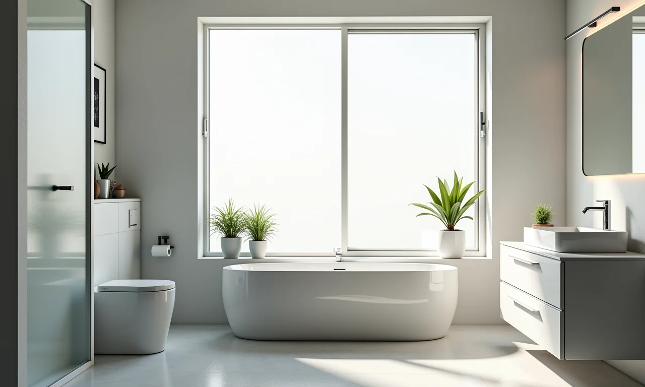 Banheiro pequeno com grande janela, aproveitando ao máximo a luz natural.