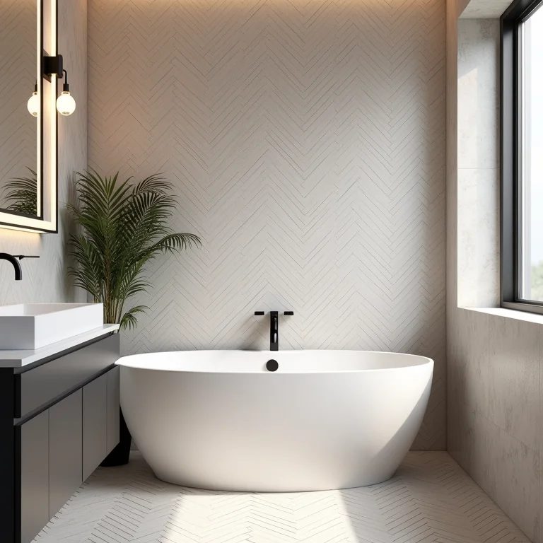 Banheiro pequeno com paginação criativa de pastilhas, ampliando visualmente o espaço.