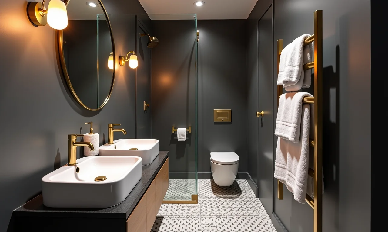 Banheiro pequeno com parede de destaque em cinza escuro e metais em dourado.