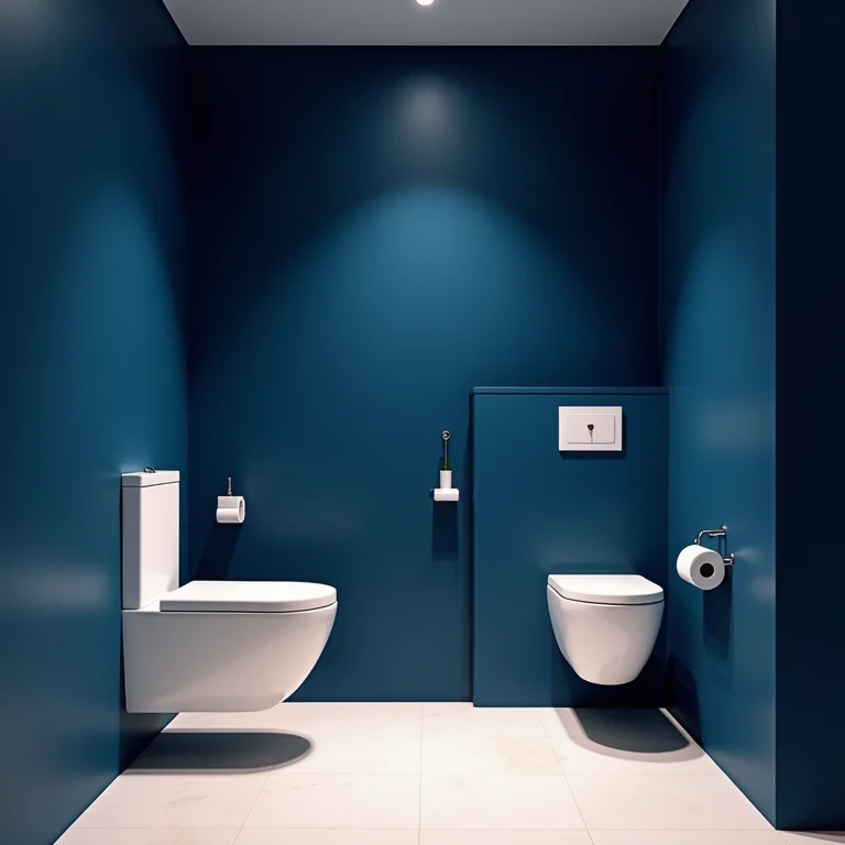 Banheiro pequeno com paredes escuras e acessórios brancos