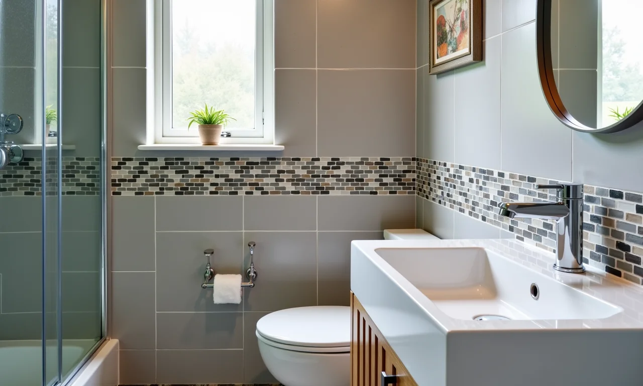 Banheiro pequeno com pastilhas cinzas e rejunte colorido, adicionando charme e personalidade.