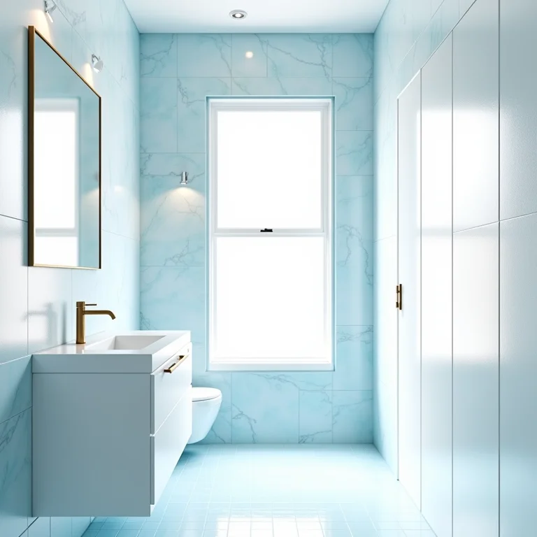 Banheiro pequeno com pastilhas claras para ampliar o espaço