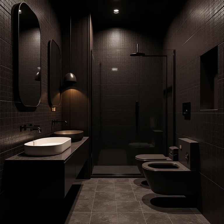 Banheiro pequeno com pastilhas escuras sofisticadas