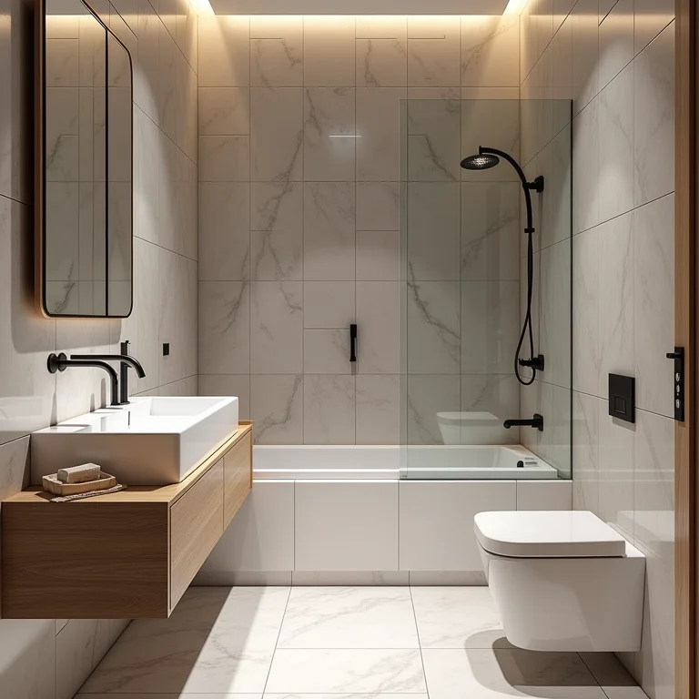 Banheiro pequeno com pastilhas espelhadas refletindo a luz e dobrando o espaço.