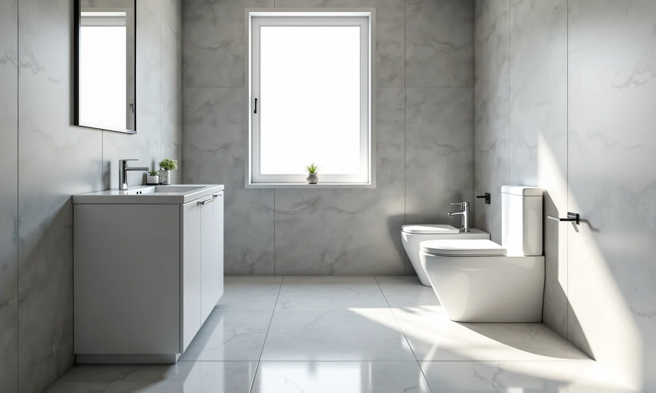 Banheiro pequeno com porcelanato cinza claro, destacando a luminosidade e amplitude.