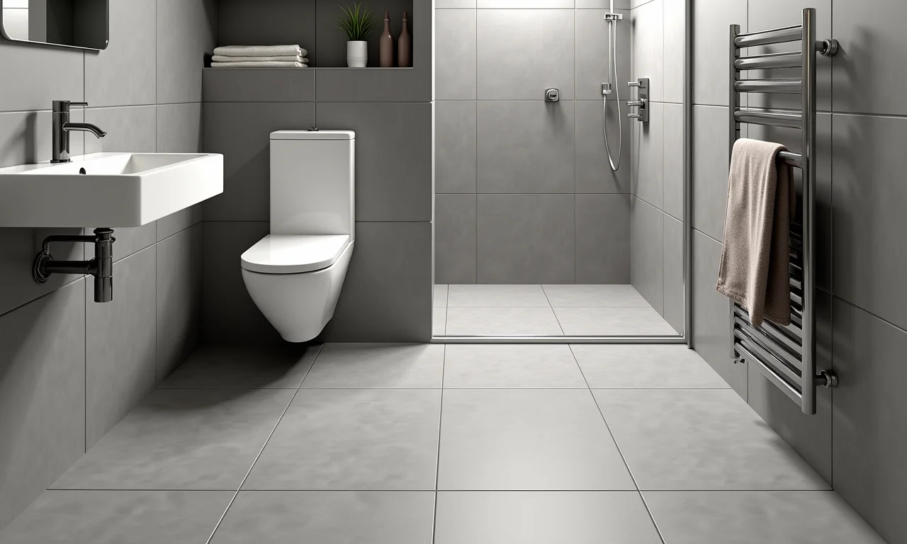 Banheiro pequeno com porcelanato cinza, demonstrando versatilidade e durabilidade.