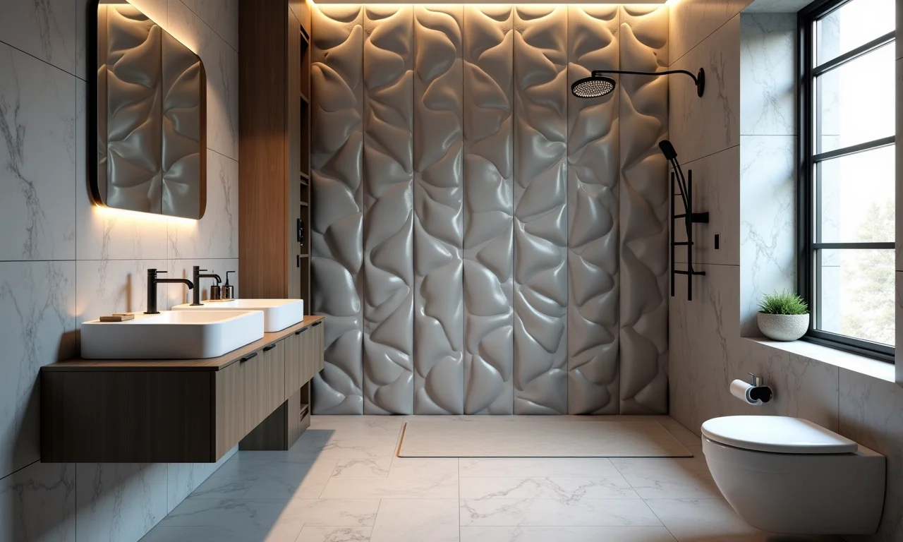 Banheiro pequeno com revestimentos 3D cinzas, transmitindo modernidade e sofisticação.