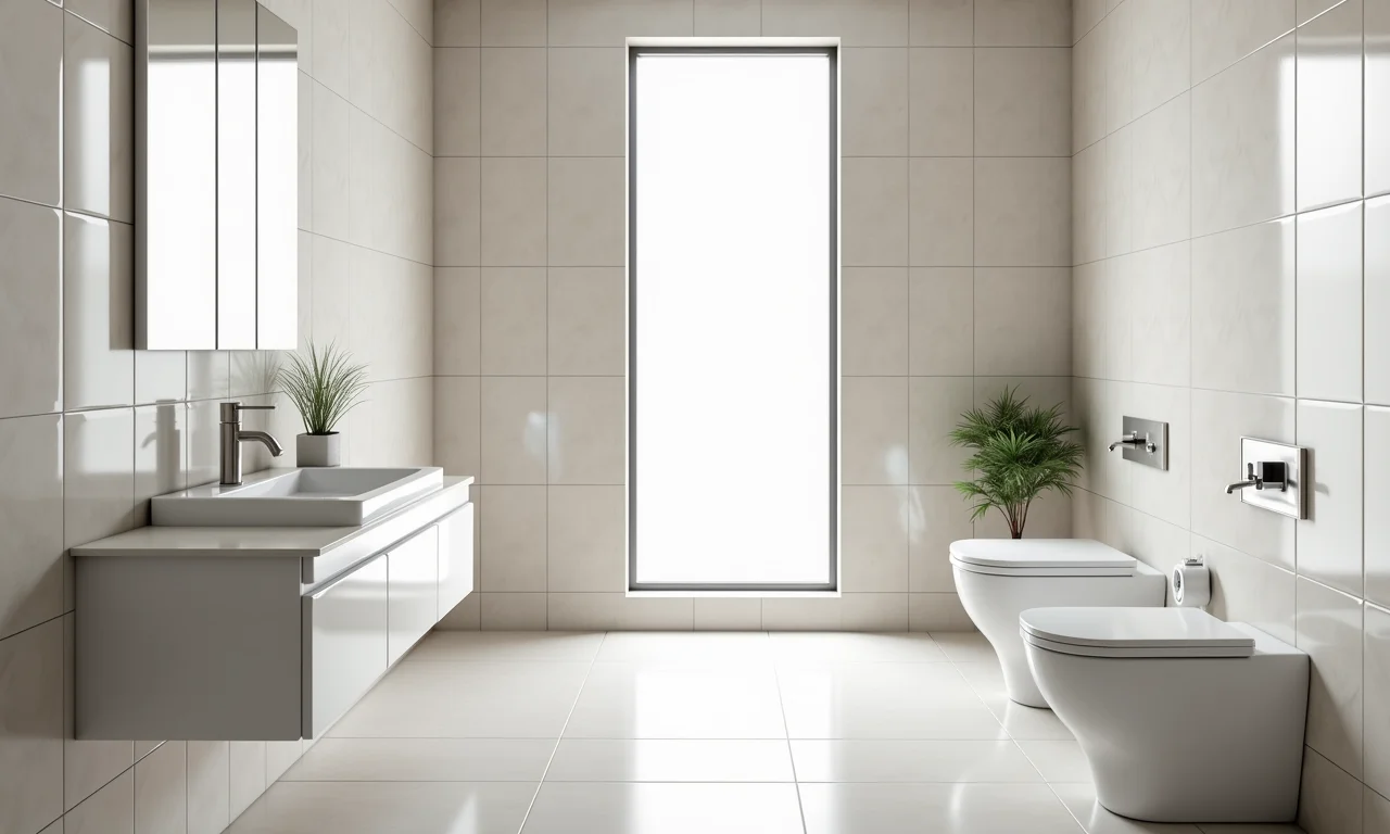 Banheiro pequeno com revestimentos claros para ampliar o espaço.