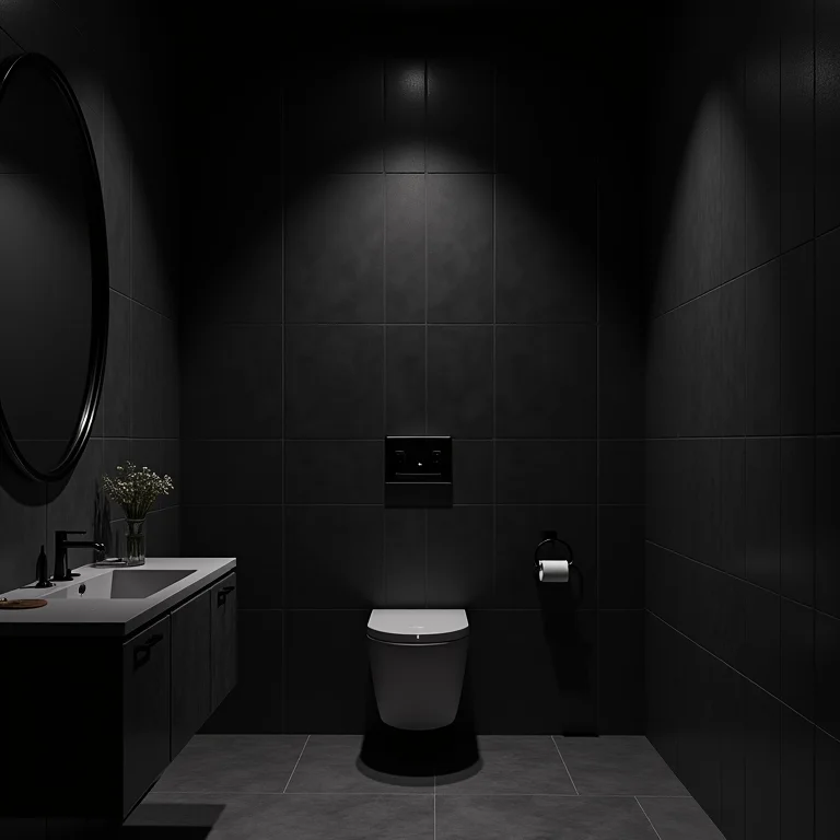Banheiro pequeno com revestimentos escuros criando ambiente dramático