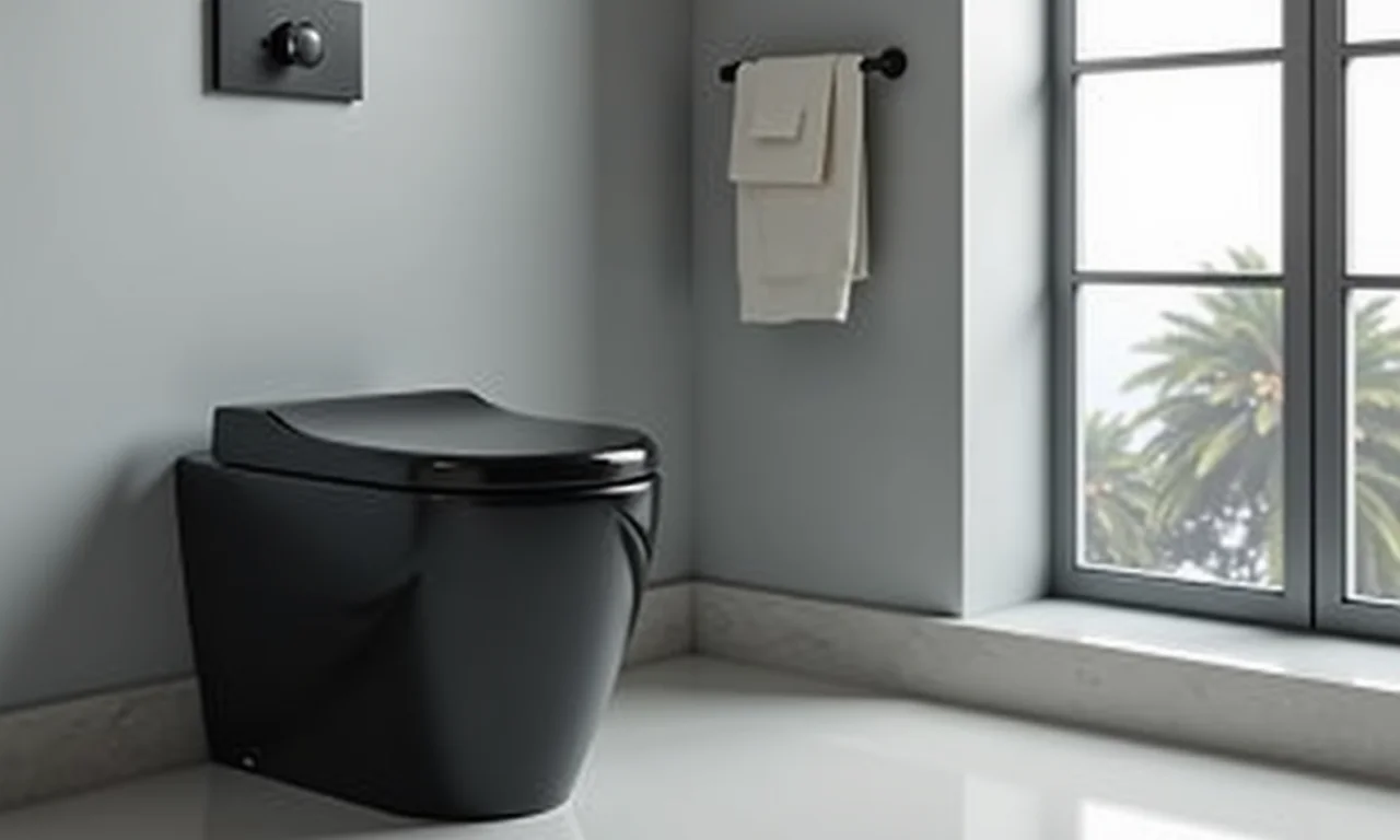 Banheiro pequeno com vaso sanitário preto e otimização de espaço.