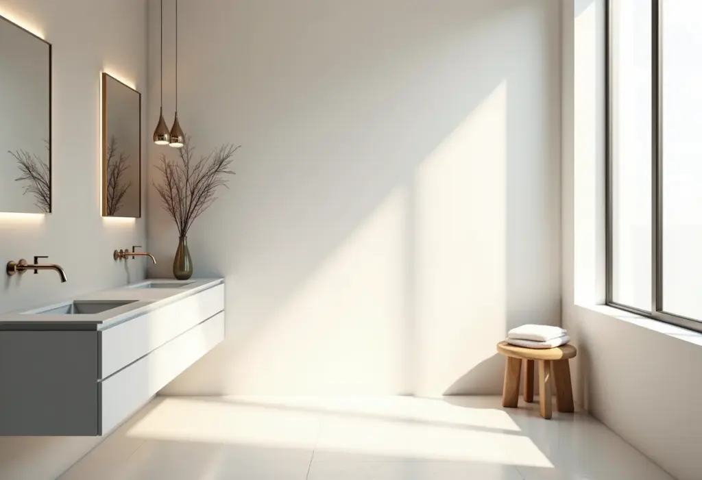 Banheiro pequeno decorado com espelho grande e iluminação natural