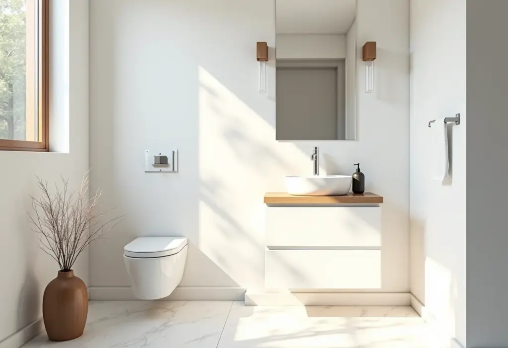 Banheiro pequeno decorado com estilo moderno e iluminação natural