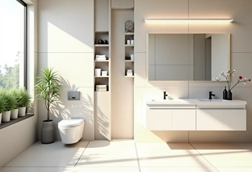 Banheiro pequeno decorado com soluções inteligentes de armazenamento e espelho amplo