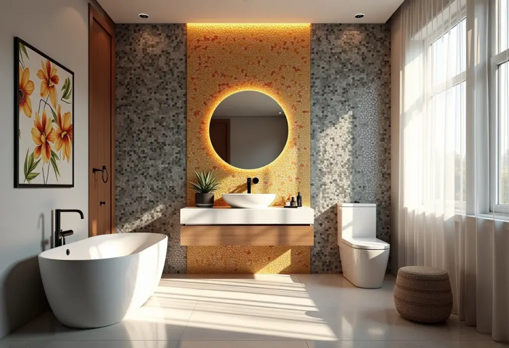 Banheiro pequeno e elegante com pastilhas coloridas