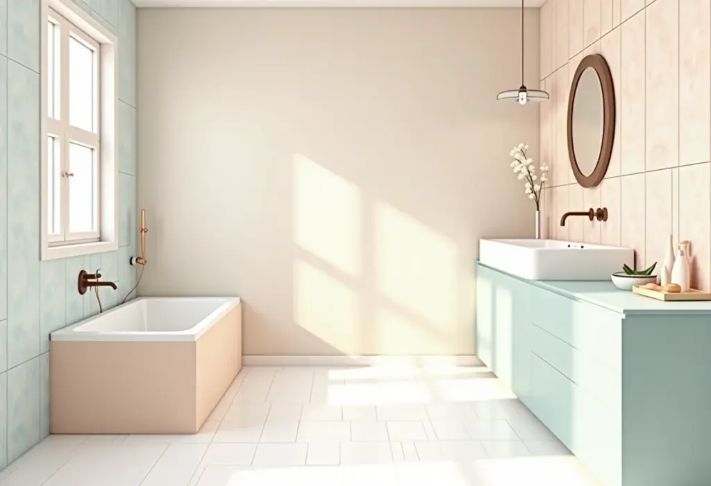 Banheiro pequeno moderno com pastilhas claras em design minimalista.