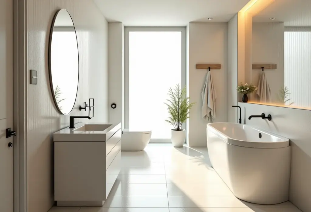 Banheiro planejado com design moderno e iluminação natural