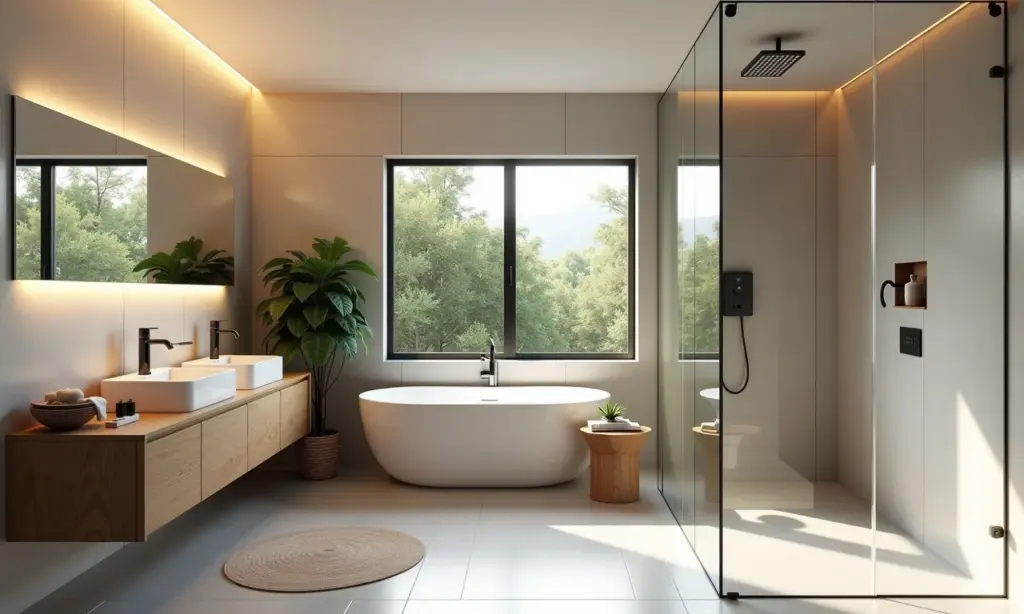 Banheiro planejado pequeno com revestimentos claros, iluminação estratégica e box de vidro.