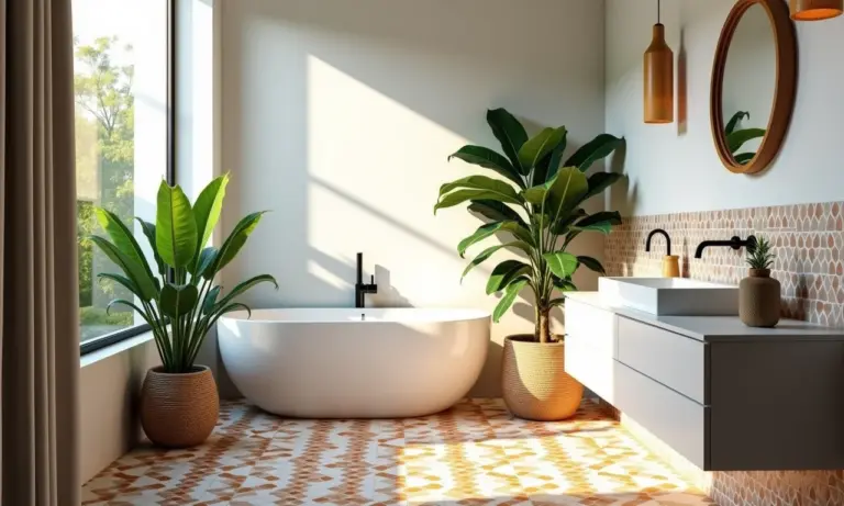 Banheiro reformado com estilo brasileiro vibrante e iluminação natural.