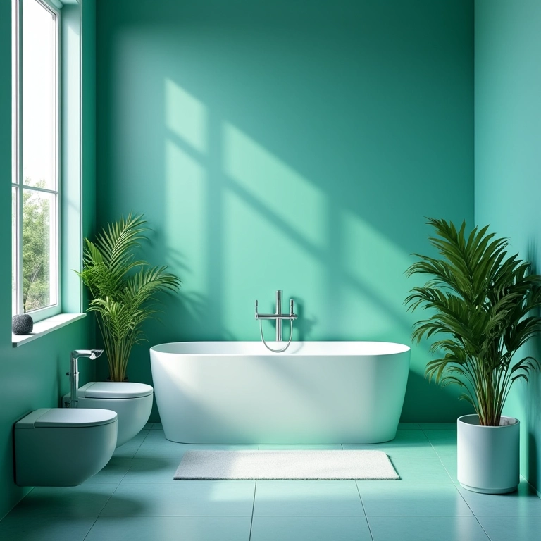 Banheiro relaxante com cores análogas em tons de azul e verde.
