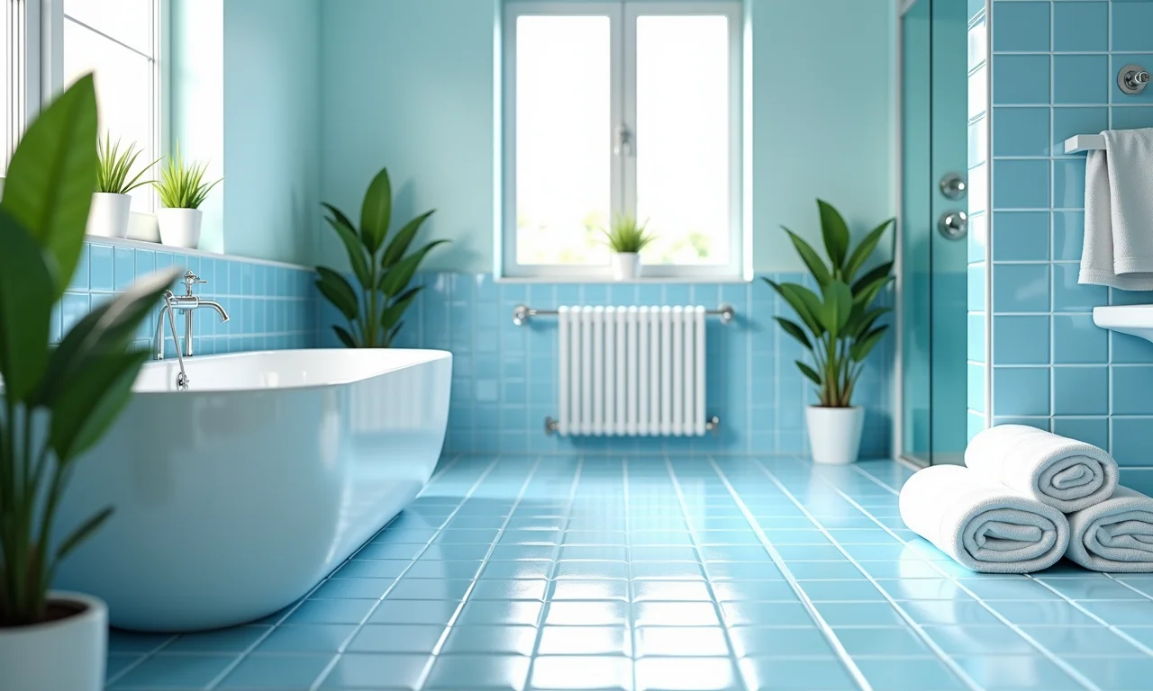 Banheiro relaxante com tons de azul e branco, iluminação natural suave.