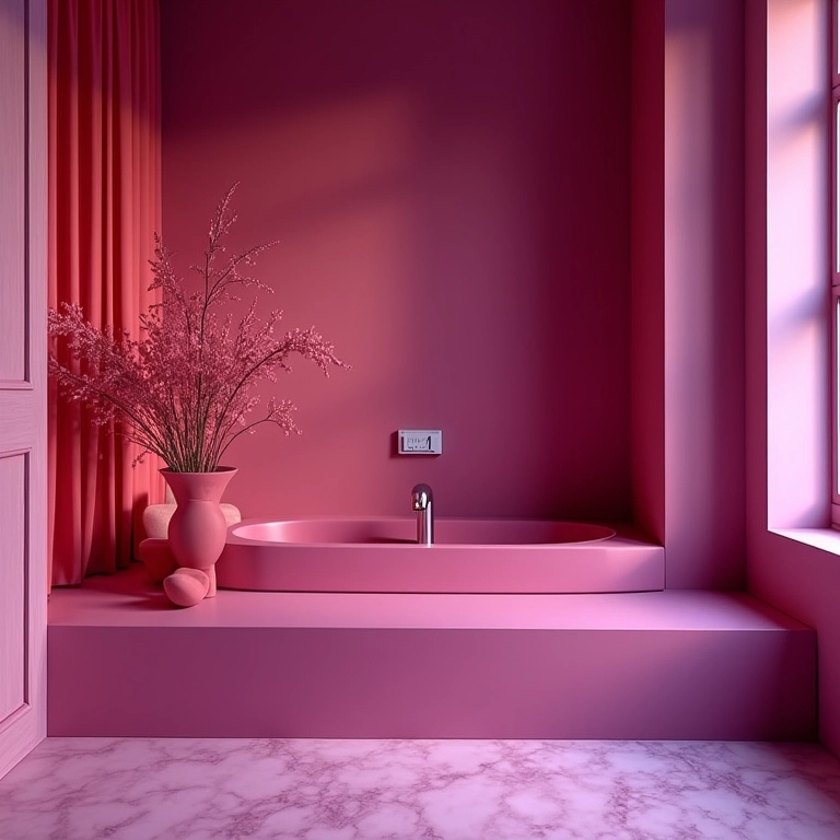 Banheiro relaxante com tons de roxo, rosa e vermelho.