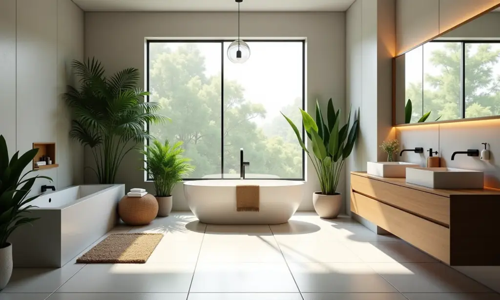 Banheiro renovado com plantas e luz natural, estilo brasileiro.