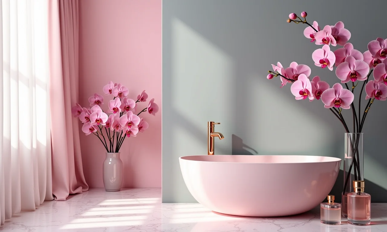 Banheiro romântico com paredes em tons de rosa e cinza, iluminação suave.