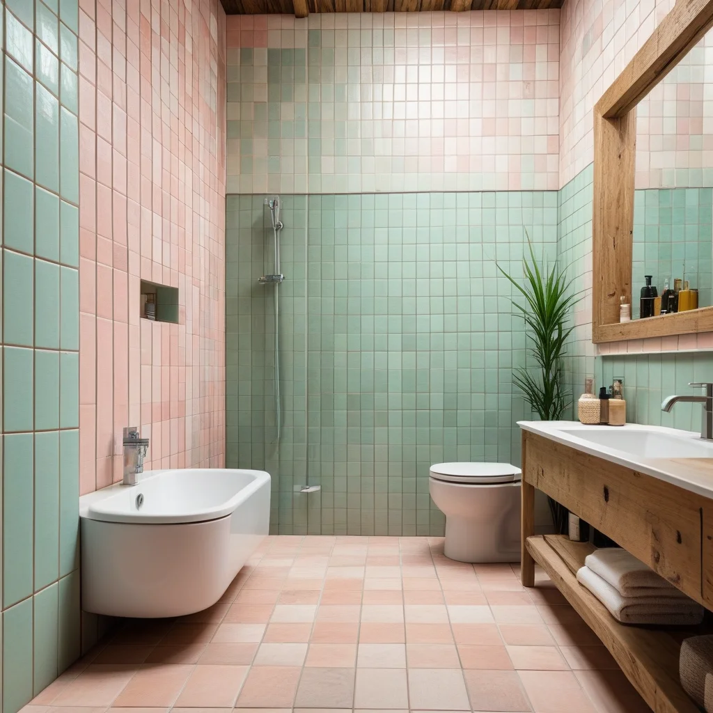 Banheiro rústico com azulejos em tons pastel, transmitindo tranquilidade.