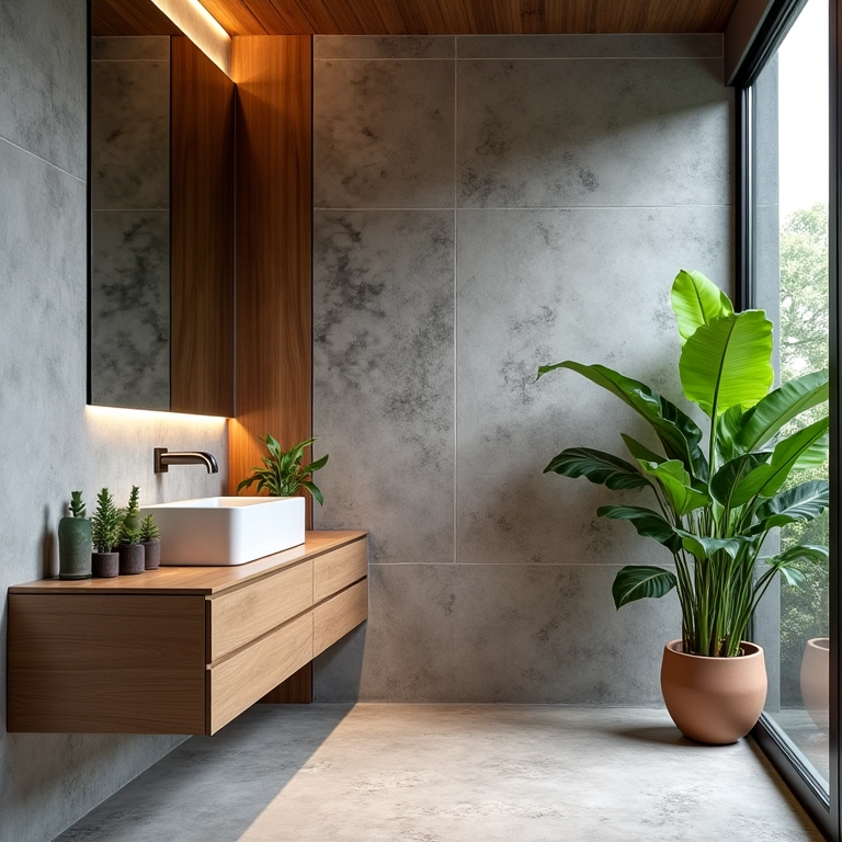 Banheiro rústico com cimento queimado e toques de madeira e plantas.