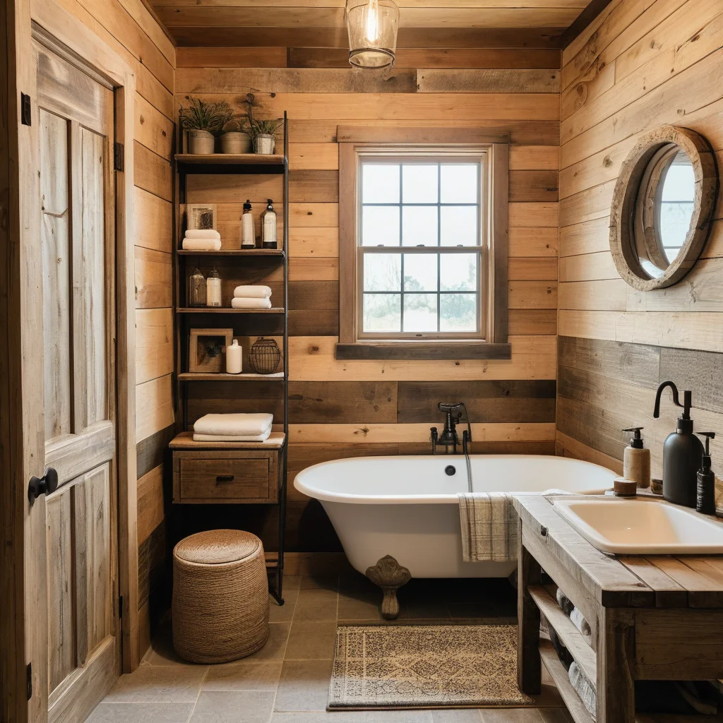 Banheiro rústico com decoração DIY e materiais reciclados.