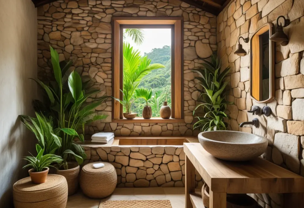 Banheiro rústico pequeno: O charme em poucos metros Banheiro rústico pequeno com decoração brasileira vibrante e iluminação natural.