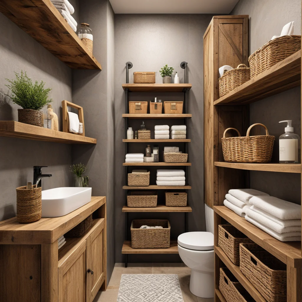 Banheiro rústico pequeno com soluções inteligentes para otimizar o espaço.