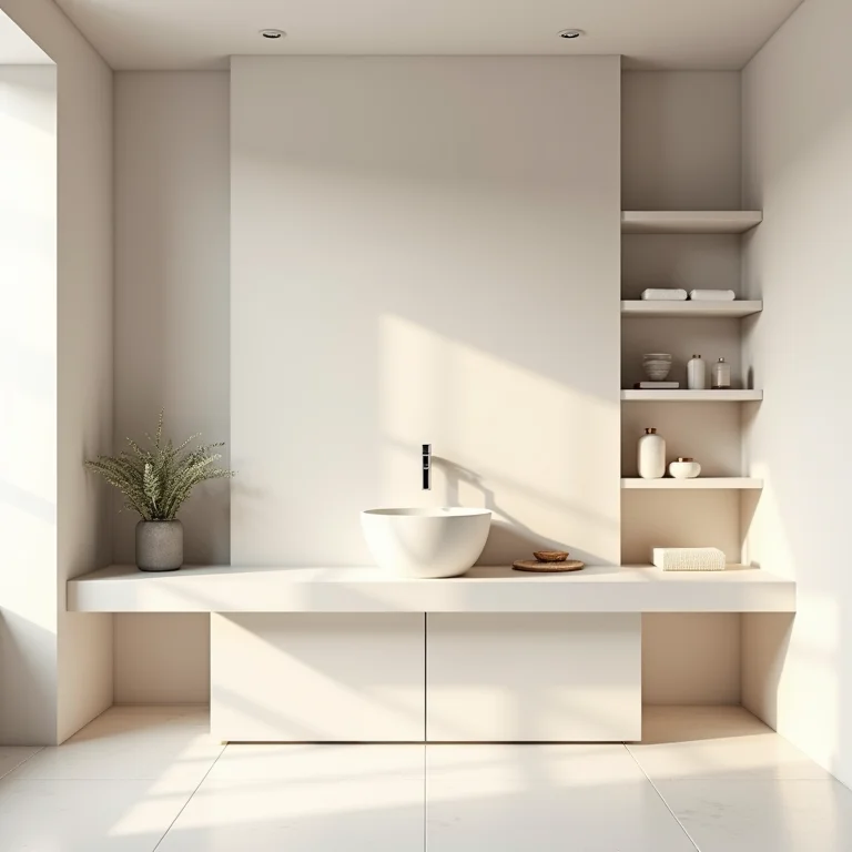 Banheiro sem acessórios, com prateleiras vazias e paredes nuas.