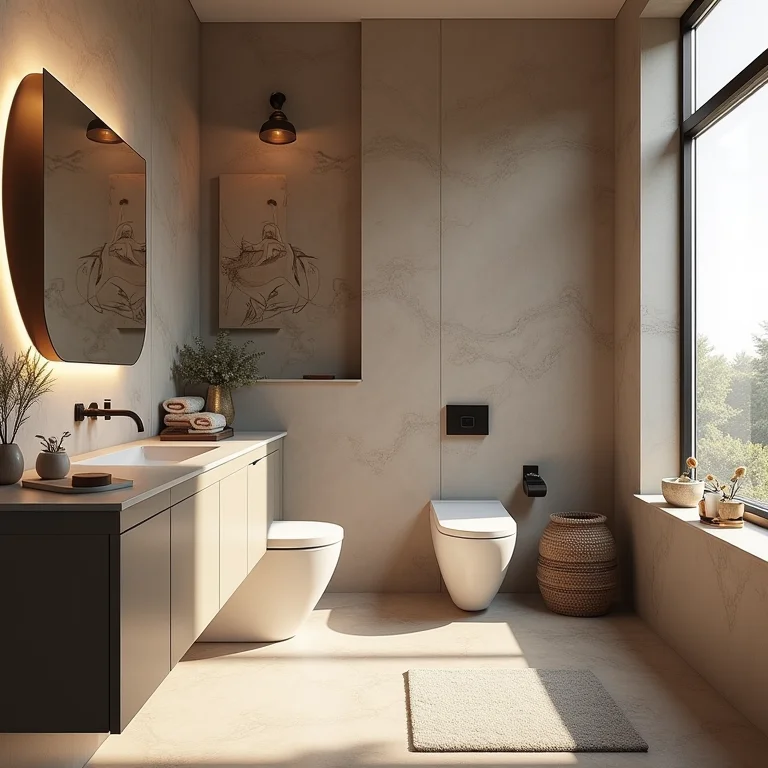 Banheiro sem estilo definido, com mistura de elementos confusos.