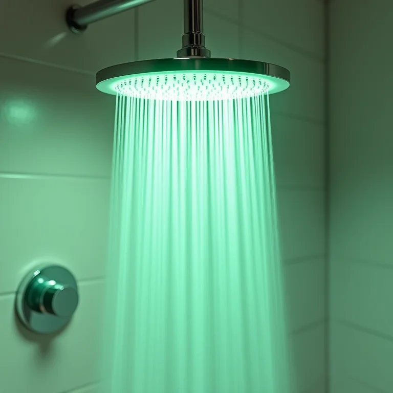 Banheiro simples e estiloso com chuveiro de LED e luz verde suave.